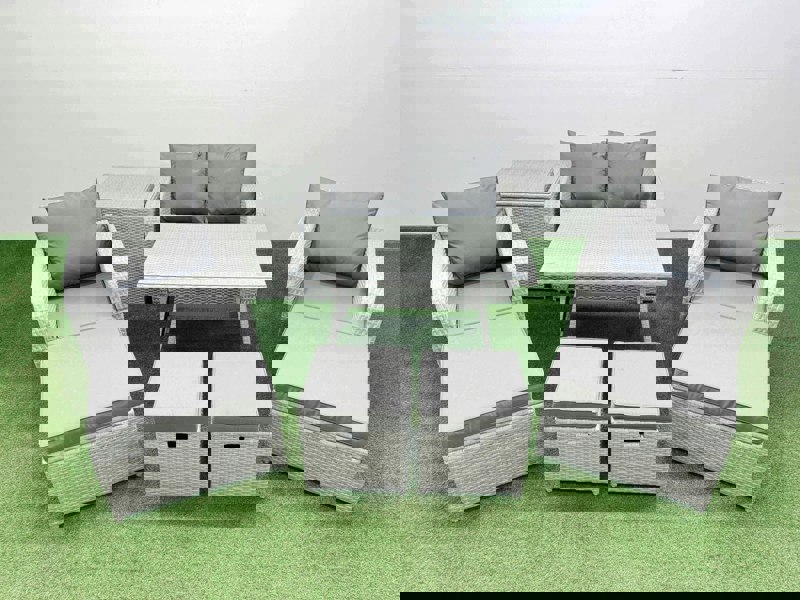 Fimous Rattan Garden Furniture Dining Set 8 seater Patio Rectangular Table Sofa Set with Side Table 4 Stools Light Grey