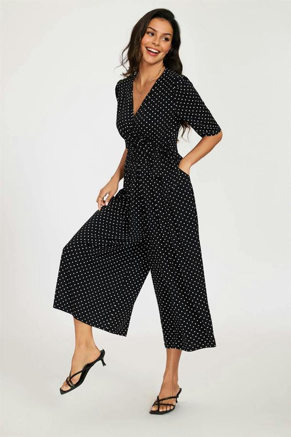 FS Collection Dot Print Short Sleeve Jersey Jumpsuit In Black