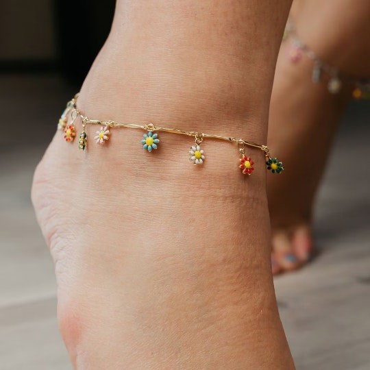 The Colourful Aura Colourful Rainbow Sun Flower Dangle Charms Indie Boho Daisy Summer Anklet