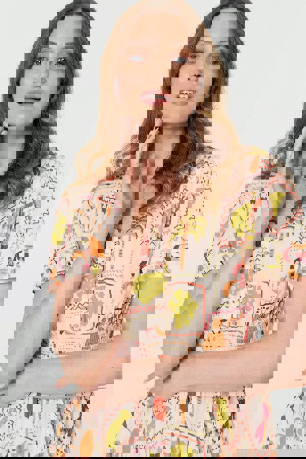 Pink | Printed V-Neck Shirred Knee Length Dress