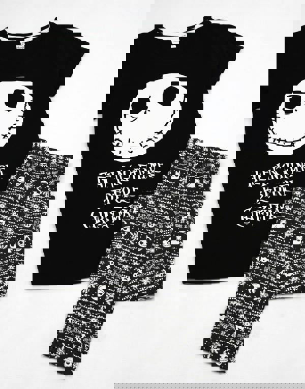 Disney The Nightmare Before Christmas Womens Black Jack Skellington Placement & All-Over Print Short Sleeve Long Leg Pyjama Set