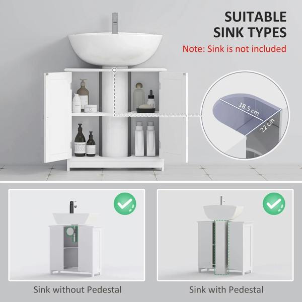 White under-sink cabinet with two doors, open interior storage for sink clearance