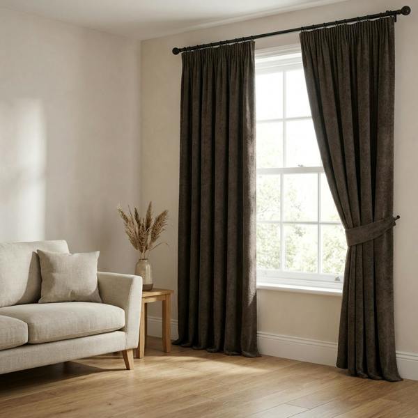 Tuvalu made-to-measure curtains in Espresso, styled in a living room