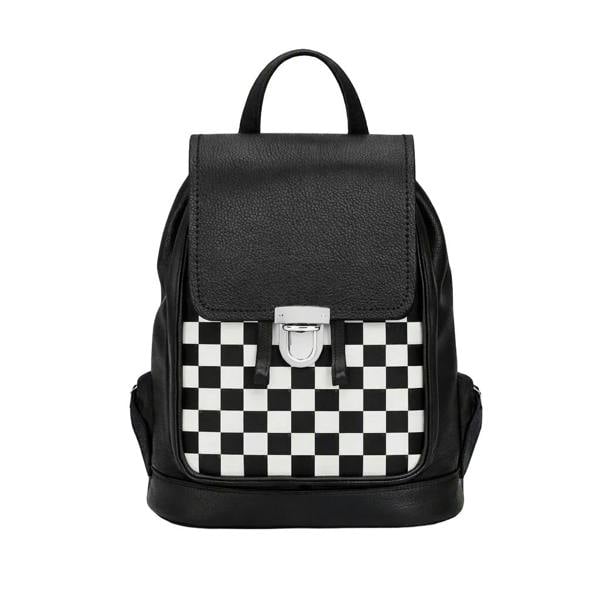 A black backpack with a black and white checkerboard pattern panel on the front flap, a silver metal clasp, and a top handle, shown against a plain white background.