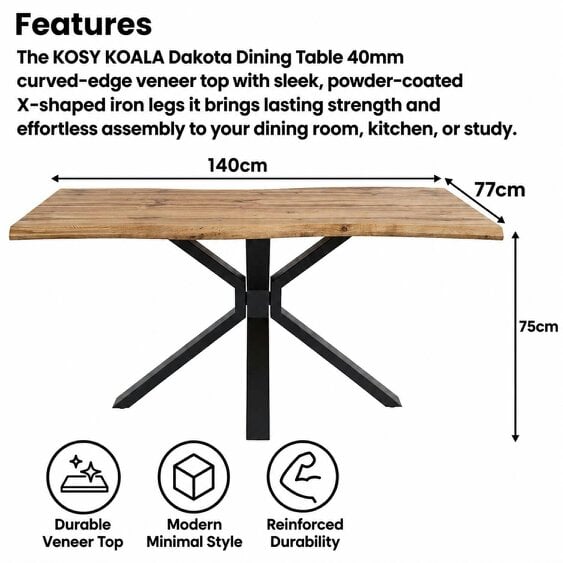 Kosy Koala Rustic Wood-Effect Wavy X-Shaped Legs Dining Table Set with 4 Grey Chairs & Bench, 140x80x75cm