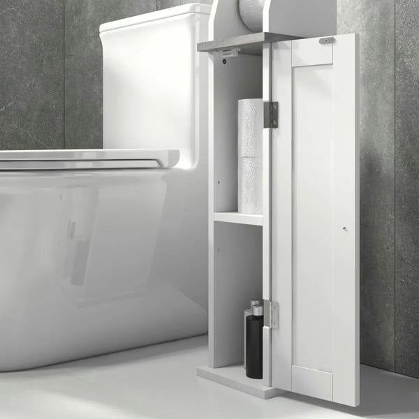 White slim bathroom floor cabinet with open cupboard, adjustable shelf and roll holder