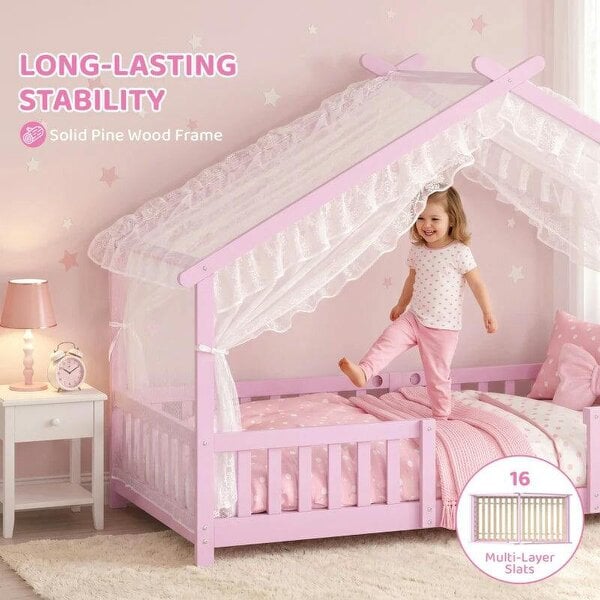 Wooden Kids House Single Bed Frame, Solid Pine Wood Toddler Bed with Dual Guardrails for Children, Boys, Girls, Pink