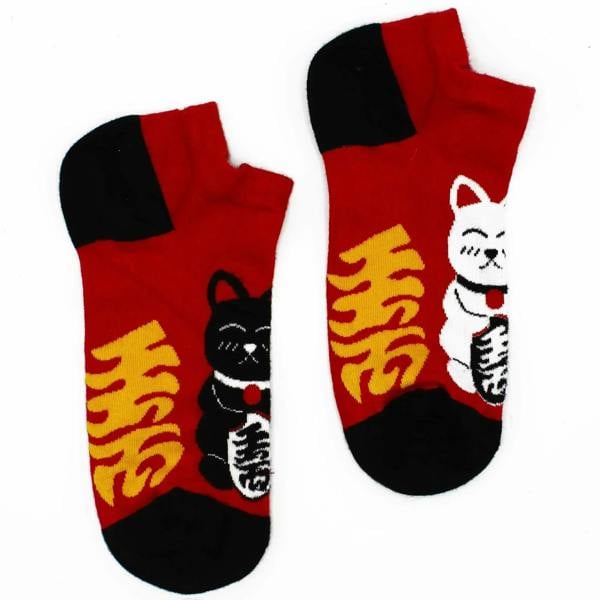 Red low bamboo socks with black toe/heel, lucky cat and hare graphics