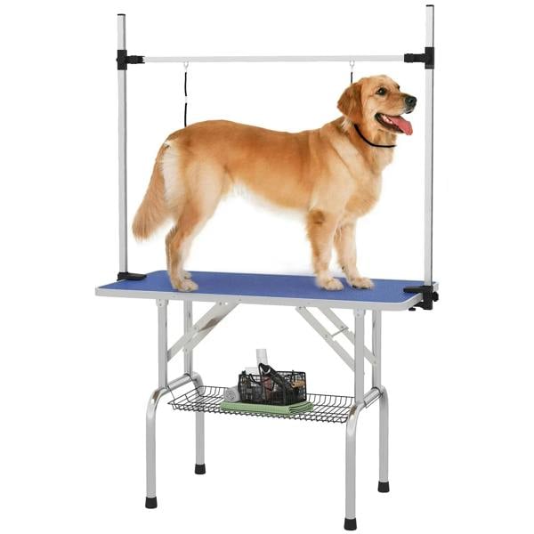 Adjustable dog grooming table with blue rubber top, side loops, and under storage basket