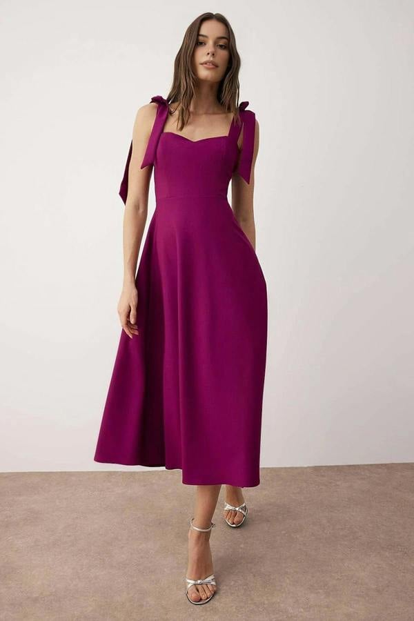 WOVCOR Tie Strap Midi Dress with Sweetheart Neckline