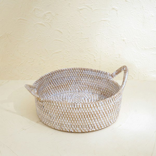 Small rattan basket with handles honey brown handwoven wicker