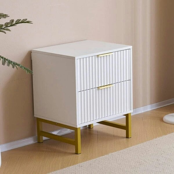 Kosy Koala Modern White Bedside Table with 2 Drawers and Gold Metal Legs – Elegant Storage Solution for Bedroom