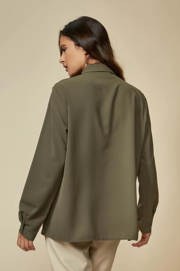 Hoxton Gal Oversized Belt Detailed Long Sleeves Shirt Top in Khaki