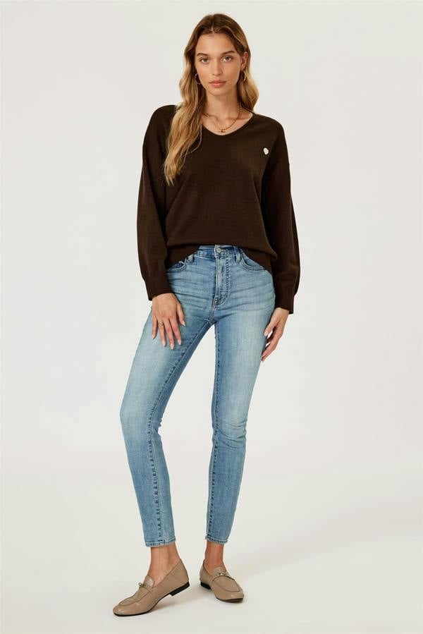 FS Collection Heart Embroidered Knit Jumper Top In Brown