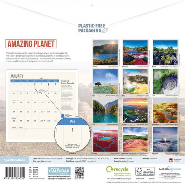 Amazing Planet Calendar 2027, Wall Calendars, Month To View, Natural World, Gift