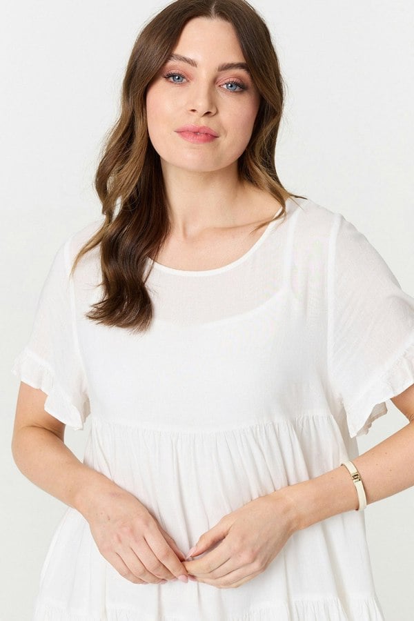 White | Short Sleeve Frilled Short Smock Dress
