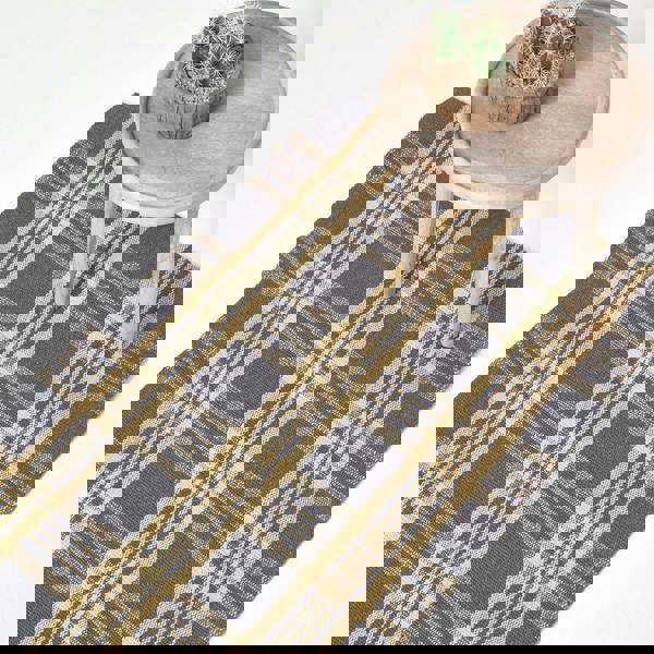 HOMESCAPES Douglas Grey and Yellow Tartan Check Non-Slip 100% Wool Rug