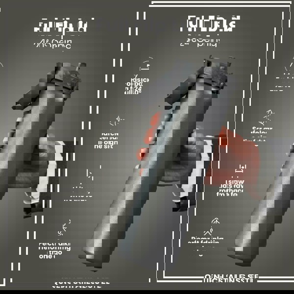 A dark gray stainless steel water bottle with a full flip lid is held by a hand. The lid opens 240 degrees. The bottle is shown against a gray background. "Full Flip Lid," "240° Opening," and "QUENCH STAINLESS STEEL" are present.