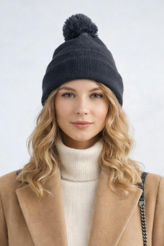 SVNX Pom Pom Beanie Hat & Textured Knit Gloves Set in Grey