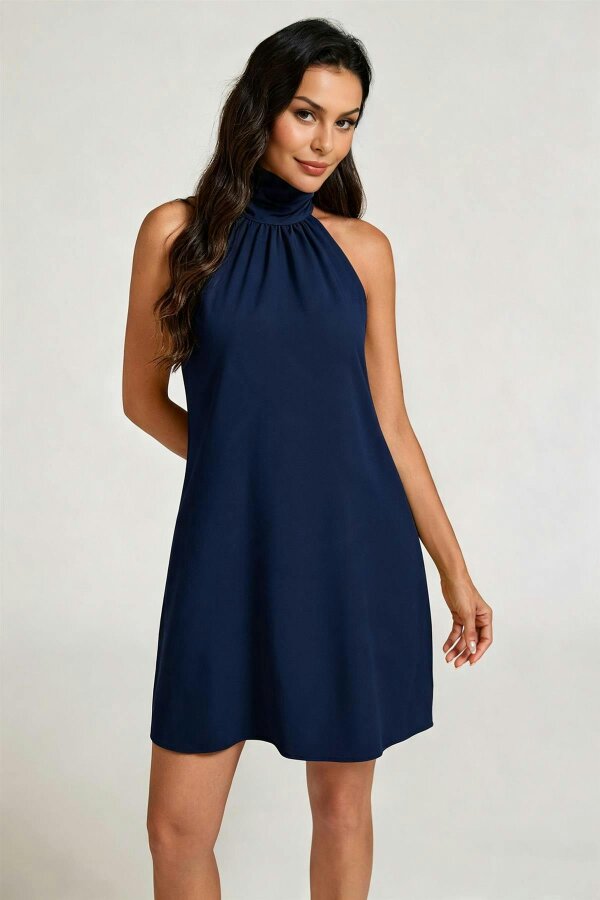 FS Collection Halter Neck Tie Back Mini Dress In Navy