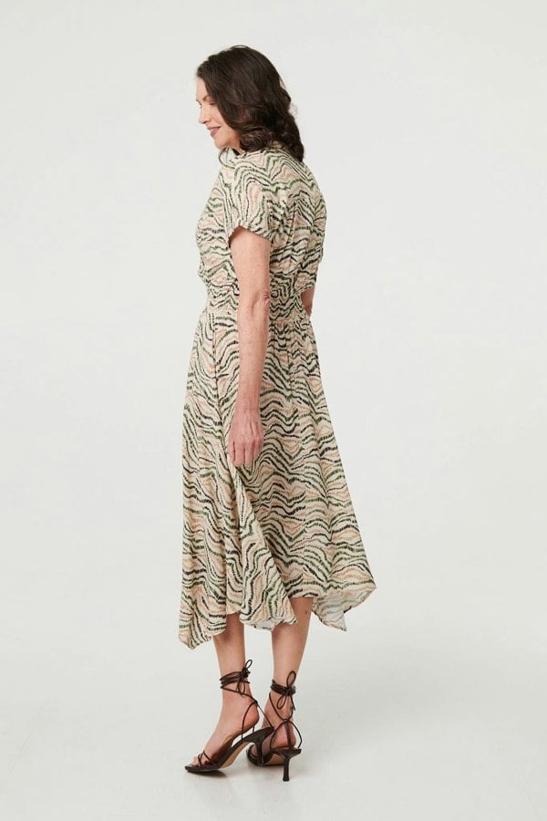 Green | Printed Short Sleeve Shirred Midi Dress

