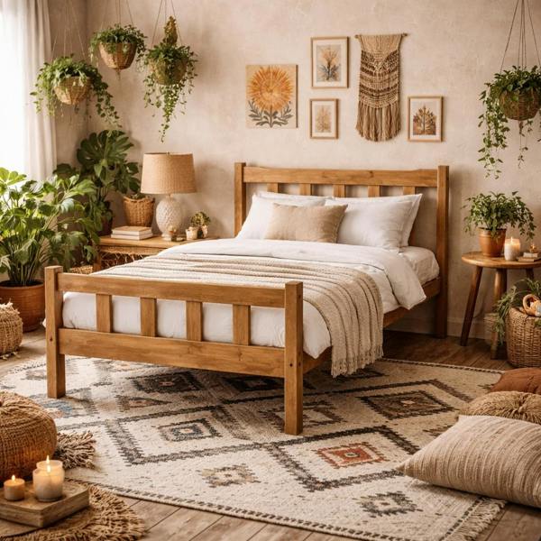 Wyld Haus Tralee Brown Wooden 4ft6 Double Bed with Slatted Headboard and Footboard