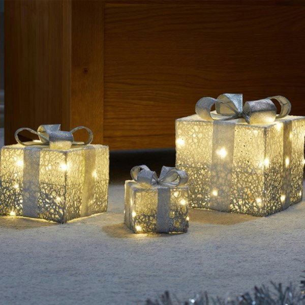 Samuel Alexander Set of 3 Battery Operated Silver Sparkly Christmas Gift Boxes with LEDs