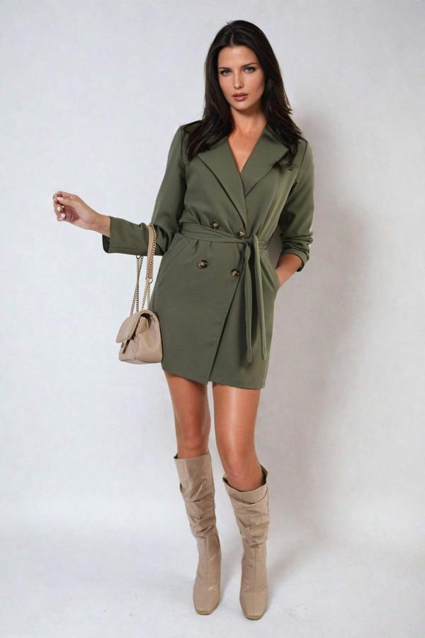 Raven Oversized Waist Tie Button Detail Blazer Jacket - Khaki