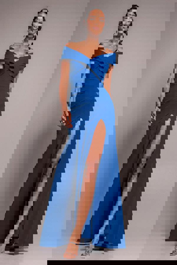 Scuba Crepe Off Shoulder Front Split Maxi Dress  - Royal Blue DR2930SC