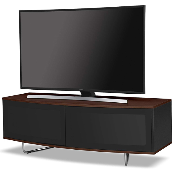 Homeology Caru Black and Walnut Beam-Thru Remote Friendly Super-Contemporary"D" Shape Design 32"-65" LED/OLED/LCD TV Cabinet