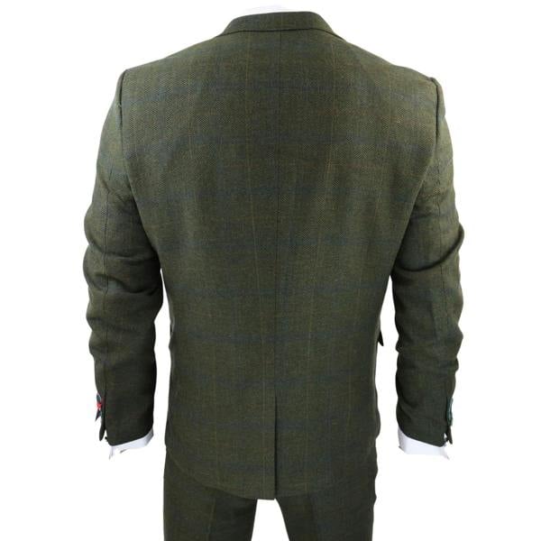TruClothing Mens 3 Piece Wool Suit Olive Green Tweed Check Peaky Blinders 1920 Gatsby Formal