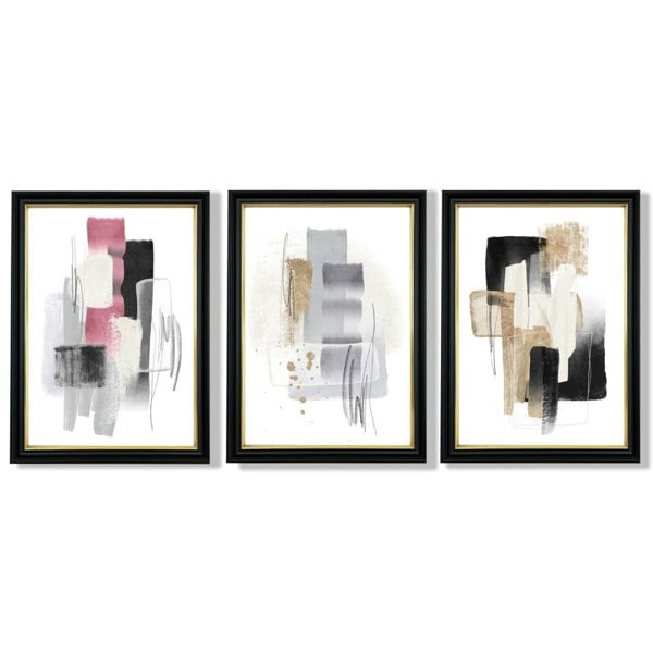 Set of 3 Abstract Black Pink and Silver Framed Art Prints with Vermeer Black and Gold Frames