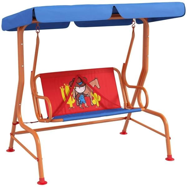 Two-seat kids swing chair with blue canopy, orange frame, red cowboy-themed seat