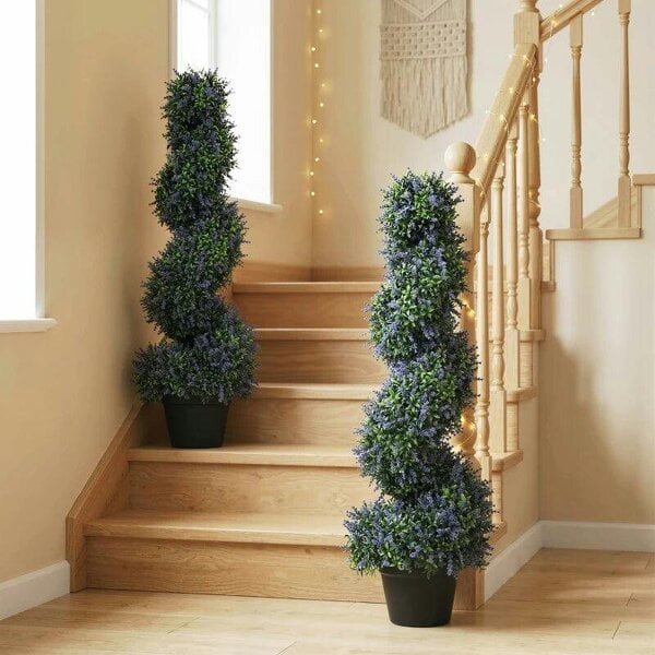 Artificial Lavender Topiary Tree Set of 2, UV Resistant Fake Plants in Pot for Indoor Outdoor Decor, 90 cm, Purple - Purple