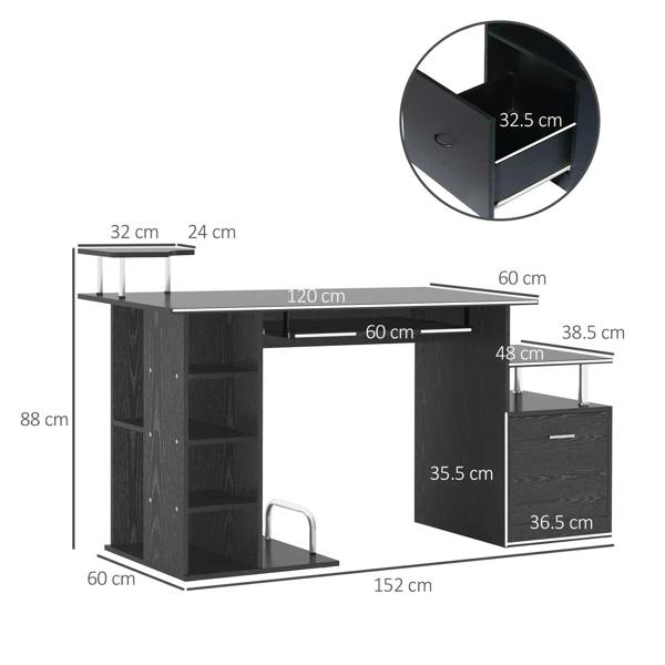 Black desk with open CPU shelf and right drawer cabinet, metal handle