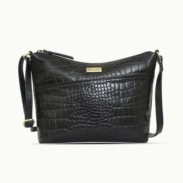 Assots London 'CAROL' Black Croc Real Leather Designer Crossbody Shoulder Bag