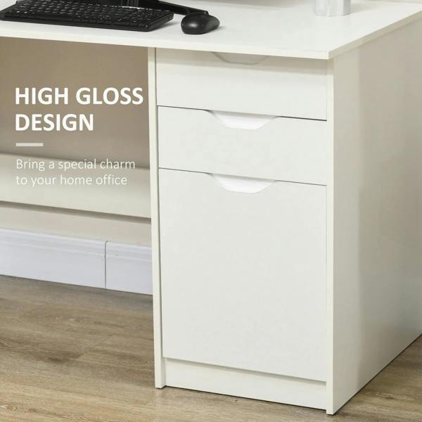 White desk drawer cabinet with high-gloss finish and smooth grooved handle