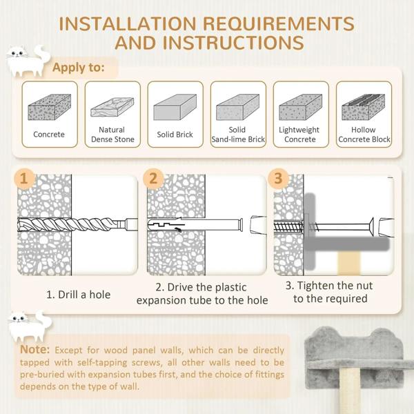 Wall-mounted cat furniture installation instructions with mounting steps and hardware diagram