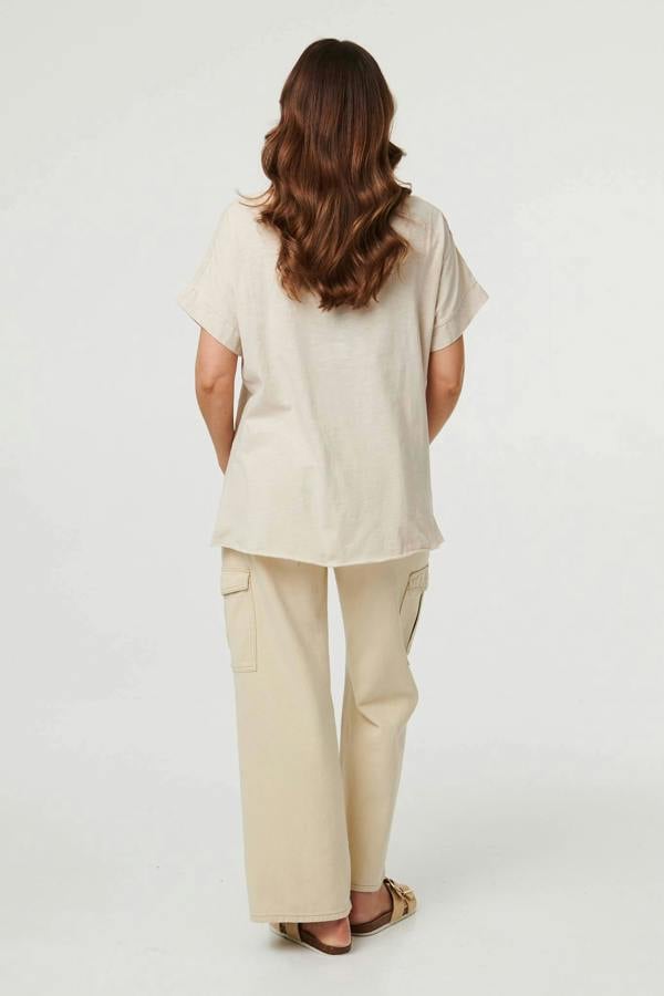 Linen | Floral Metallic Detail Short Sleeve Top