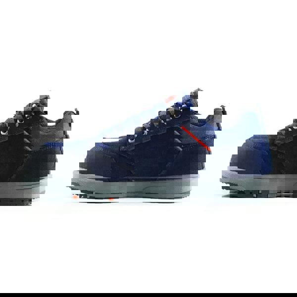 Scruffs Halo 3 Mens Safety S3 Lace Up Steel Toe Midsole Trainers, blue and gray safety shoes with steel toe, breathable design, and slip-resistant sole.