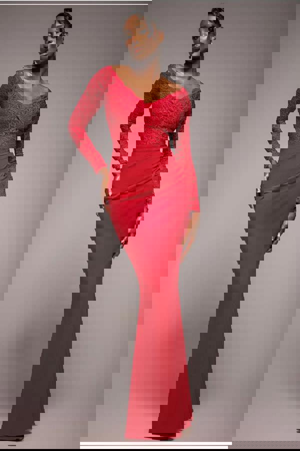 Scalloped Lace Bodice Long Sleeve Bardot Maxi Dress - Red DR4678