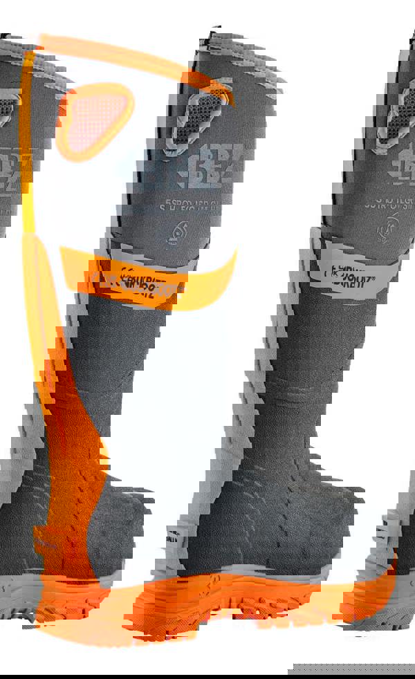 Buckbootz BBZ9000 Mens Safety Waterproof Composite Toe Midsole S5 Wellington, black and orange safety boot featuring waterproof design, composite toe protection, and slip-resistant outsole.