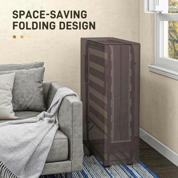 Folding single bed with dark grey mattress and black metal frame shown in stored position