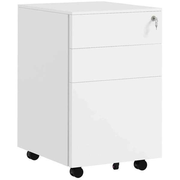 White 3-drawer mobile filing cabinet with lock and rolling wheels