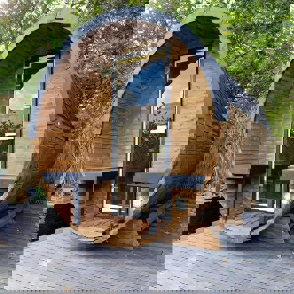 400cm Spruce Barrel Sauna | Thermowood | Terrace | Wood-Fired or Electric.