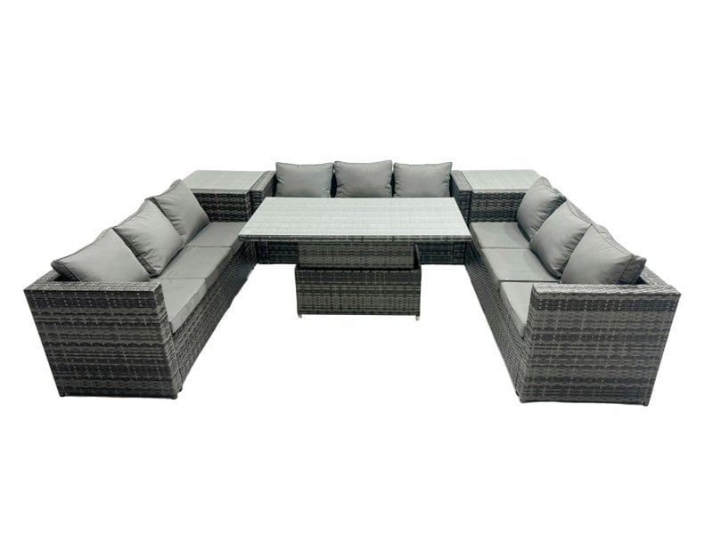Fimous U Shape Rattan Gardern Furniture Dining Sofa Set Adjustable Rising Dining Table With 2 Side Coffee Table