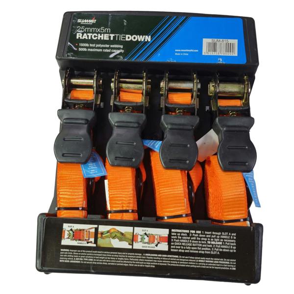 Ratchet Tie Down Straps for Securing Loads 25mm x 5m - Pack of 4