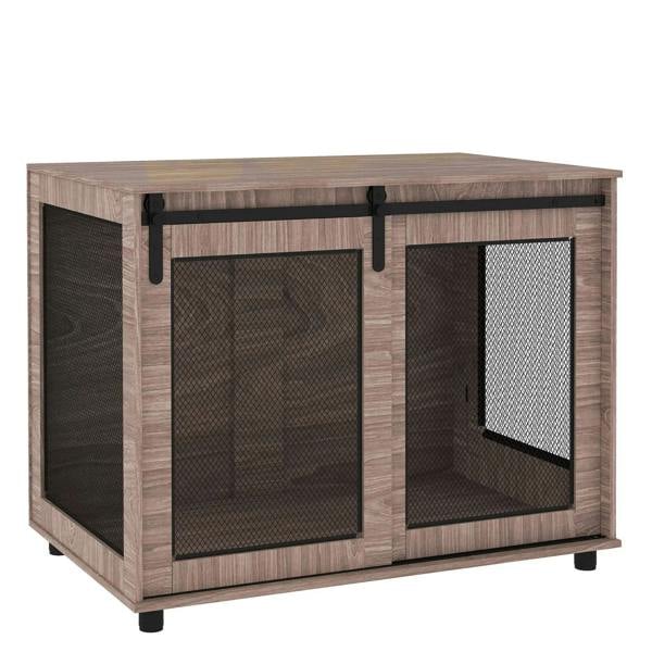 Walnut brown dog crate furniture with sliding door, open front and black mesh panels