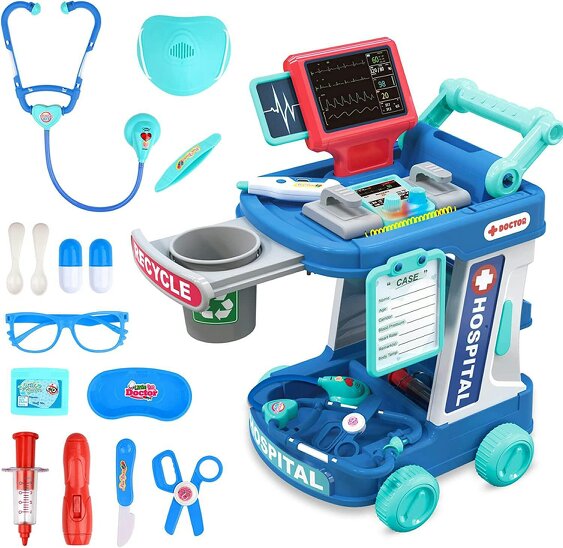 deAO Toys Multi-purpose Doctors Trolley Set for Kids Medical Centr Playsets Medical Tools Role Play Toy Educational Doctor Playset