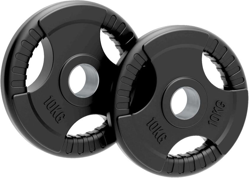Black 10kg Olympic tri-grip rubber weight plates with textured grip and central hole for easy handling, ideal for strength training